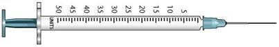In Exercises 7, first mark on the syringe the dose of rapid-acting insulin ordered. Then mark where the leading ring will be after you draw up the intermediate-acting insulin into the same syringe. Humulin N 27 units and Humulin R 8 units Sub-Q qam