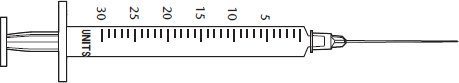 In Exercises 1-4, refer to labels A-D. Select the label corresponding to each order. Then mark the desired amount of insulin on the syringe. 1. Ordered: Novolin N 63 units sc qd Label: _____