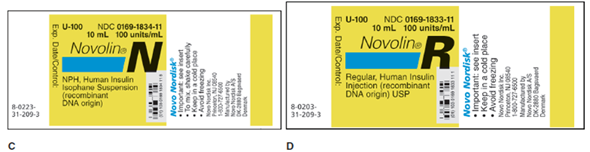 In Exercises 1, refer to labels A-G. Select the label corresponding to each order. Then mark the desired amount of insulin on the syringe.          Ordered: Novolin R 12 units Sub-Q ac breakfast Select vial: ____  