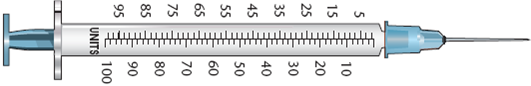 In Exercises 16, first mark on the syringe the dose of rapid-acting insulin ordered. Then mark where the leading ring will be after you draw up the intermediate-acting insulin into the same syringe. Humulin N 53 units and Humulin R 4 units Sub-Q qam  