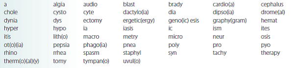 Select the correct word parts (some may be used more than once) from the following list and construct medical terms that represent the given meaning.     earache__________________________________