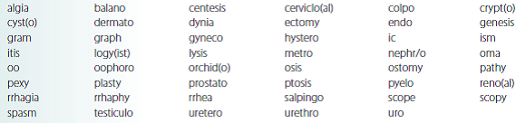Select the correct word parts from the following list and construct medical terms that represent the given meaning.     specialist in men's health________________________