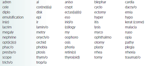 Select the correct word parts from the list below and construct medical terms that represent the given meaning.   inflammation of the iris__________________________________________<div style=padding-top: 35px> 