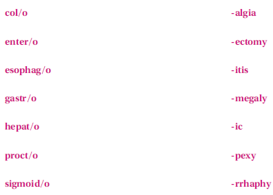 These terms are not found in this chapter; however, they are made up of the following familiar word parts. If you need help in creating the term, refer to your medical dictionary.    The term meaning relating to the liver and intestines is________________________________________