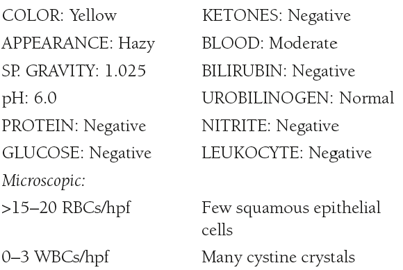  A 13-year-old boy is awakened with severe back and abdominal pain and is taken to the emergency department by his parents. A complete blood count is normal. Family history shows that both his father and uncle are chronic kidney stone formers. Results of a urinalysis are as follows:   a. What condition does the patient’s symptoms represent? b. What is the physiologic abnormality causing this condition? c. If amino acid chromatography was performed on this specimen, what additional amino acids could be present? d. Why are they not present in the microscopic constituents? e. Based on the family history, what genetic disorder should be considered? 