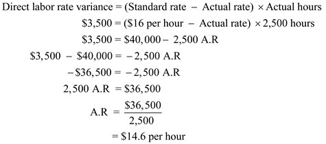     <div class=answer> a. <u> Calculate the actual direct labor rate paid per hour during August </u> The actual hours worked during August were 2,500 hours. The total direct labor budget variance is $1,300 unfavorable and direct labor rate variance is $3,500 favorable. The standard labor rate was $16 per hour. Calculate the direct labor rate paid per hour using the following equation:   The actual rate (A.R) paid per hour during August is   