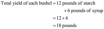     <div class=answer> a) Calculate the standard absorption cost per pound for the starch and syrup produced from the processing of 15,000 bushels of corn if the average cost per bushel is $5.68 The standard absorption cost per pound of starch and syrup produced by DMA, Inc. is as follows:   It is given that each bushel produces 12 pounds of starch and 6 pounds of syrup, hence,   Cost per pound can be calculated by using the formula below:   Substitute values from above calculations:   Thus, the absorption cost per pound of product is   . 