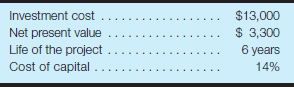 For the following questions, circle the best response. Using the present value factors in your text, the estimated annual cash inflow from the following investment proposal would be (rounded) <blockquote> <span class=italics>a.</span> $3,800. <span class=italics>b.</span> $3,900. <span class=italics>c.</span> $4,000. <span class=italics>d.</span> $4,100. <span class=italics>e.</span> $4,200. </blockquote>