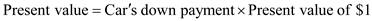     <div class=answer> <u> Present value calculations: </u> a. The computation of present value of a car if by extracting the information,       <u> Solution: </u> By using Table 6-4(Factors for calculating present value of $1), 10% column, 2 period row, the factor value of 0.8264 is obtained. Therefore, the present value of car is equal to   <u> Substitute: </u>   Hence, the present value of car is   . 
