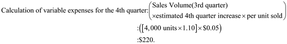     <div class=answer> 1. Calculation of the estimated marketing expenses for the fourth quarter: Here the total estimated marketing expense would be the sum of the variable expense which is incurred for the quarter and also the fixed expenses incurred for the quarter. The calculation of the variable expenses for the 4 <sup>th</sup> quarter:   Hence the total variable expense for the fourth quarter is   . 