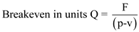     <div class=answer> The breakeven point is a point where predicted revenue matches the estimated full costs. It is the quantity of output sold at which full revenue equals full cost. It is a point where there is no profit or loss. It is the quantity that the company must sell to avoid losses. Breakeven point in the unit is arrived by dividing fixed costs by the contribution margin. Breakeven point in units is calculated as follows:   Where F = Fixed cost p = Selling price per unit v = Variable cost per unit Q = Number of units sold 