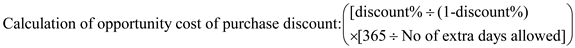     <div class=answer> The financial cost of not taking advantage of the early payment on discount for purchases on credit are measured by the formula given below:   1.In the given case the calculation of opportunity cost is calculated by the help of the above formula as below:   So basically the opportunity cost of not taking the early payment in the respect billing cycle at the end of 30<sup>th</sup> for the month is around   .Thus it can be concluded that the customer would pay 2% to delay its payment for extra 20 days to pay the 98% of the total bill which is outstanding. 