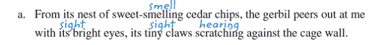 <span class=bold>About Unity</span> 1. Which paragraph lacks a topic sentence? ___________________________________________ 2. Which sentence in the paragraph about Karla should be omitted in the interest of paragraph unity? (<span class=italics>Write the sentence number here.</span>) __________ <span class=bold>About Support</span> 3. Label as <span class=italics>sight, touch, hearing,</span> or <span class=italics>smell</span> all the sensory details in the following sentences taken from the three paragraphs. The first sentence is done for you as an example. ??b. Because so many animals are crammed together, the normally pleasant, slightly milky smell of the puppies and kittens is sour and strong. ??c. Her slender hands are tipped with long, polished nails. ??d. That’s the location of a white wicker clothes hamper, heaped with grass- stained jeans, sweat-stained T-shirts, and smelly socks. 4. After which sentence in “A Depressing Place” are specific details needed? _______ <span class=bold>About Coherence</span> 5. Spatial signals (<span class=italics>above, next to, to the right,</span> and so on) are often used to help organize details in a descriptive paragraph. List four space signals that appear in “My Teenage Son’s Room”: ________?________?__________?___________ 6. The writer of “Karla” organizes the details by observing Karla in an orderly way. Which of Karla’s features is described first? ____________ Which is described last? __________ Check the method of spatial organization that best describes the paragraph: ________ Interior to exterior ________ Near to far ________ Top to bottom