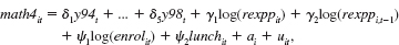  Use the data in MATHPNL.RAW for this exercise. You will do a fixed effects version of the first differencing done in Computer Exercise The model of interest is   where the first available year (the base year) is 1993 because of the lagged spending variable. <blockquote> (i) Estimate the model by pooled OLS and report the usual standard errors. You should include an intercept along with the year dummies to allow a to have a nonzero expected value. What are the estimated effects of the spending variables? Obtain the OLS residuals,   . (ii) Is the sign of the lunch t coefficient what you expected? Interpret the magnitude of the coefficient. Would you say that the district poverty rate has a big effect on test pass rates? (iii) Compute a test for AR(1) serial correlation using the regression   You should use the years 1994 through 1998 in the regression. Verify that there is strong positive serial correlation and discuss why. (iv) Now, estimate the equation by fixed effects. Is the lagged spending variable still significant? (v) Why do you think, in the fixed effects estimation, the enrollment and lunch program variables are jointly insignificant? (vi) Define the total, or long-run, effect of spending as ?1 = ?1 + ?2. Use the substitution ?1 = ?1- ?2 to obtain a standard error for 01. [Hint: Standard fixed effects estimation using   as explanatory variables should do it.] </blockquote> The file MATHPNL.RAW contains panel data on school districts in Michigan for the years 1992 through 1998. It is the district-level analogue of the school-level data used by Papke (2005). The response variable of interest in this question is math4, the percentage of fourth graders in a district receiving a passing score on a standardized math test. The key explanatory variable is rexpp, which is real expenditures per pupil in the district. The amounts are in 1997 dollars. The spending variable will appear in logarithmic form. <blockquote> (i) Consider the static unobserved effects model   where enrolit is total district enrollment and lunchit is the percentage of students in the district eligible for the school lunch program. (So lunchit is a pretty good measure of the district-wide poverty rate.) Argue that _1/10 is the percentage point change in math4it when real per-student spending increases by roughly 10%. (ii) Use first differencing to estimate the model in part (i). The simplest approach is to allow an intercept in the first-differenced equation and to include dummy variables for the years 1994 through 1998. Interpret the coefficient on the spending variable. (iii) Now, add one lag of the spending variable to the model and reestimate using first differencing. Note that you lose another year of data, so you are only using changes starting in 1994. Discuss the coefficients and significance on the current and lagged spending variables. (iv) Obtain heteroskedasticity-robust standard errors for the first-differenced regression in part (iii). How do these standard errors compare with those from part (iii) for the spending variables? (v) Now, obtain standard errors robust to both heteroskedasticity and serial correlation. What does this do to the significance of the lagged spending variable? (vi) Verify that the differenced errors rit ?uit have negative serial correlation by carrying out a test of AR(1) serial correlation. (vii) Based on a fully robust joint test, does it appear necessary to include the enrollment and lunch variables in the model? </blockquote>   
