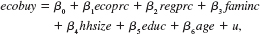  Use the data in APPLE.RAW to answer this question. <blockquote> (i) Define a binary variable as ecobuy _ 1 if ecolbs > 0 and ecobuy = 0 if ecolbs = 0. In other words, ecobuy indicates whether, at the prices given, a family would buy any ecologically friendly apples. What fraction of families claim they would buy ecolabeled apples? (ii) Estimate the linear probability model   and report the results in the usual form. Carefully interpret the coefficients on the price variables. (iii) Are the nonprice variables jointly significant in the LPM? (Use the usual F statistic, even though it is not valid when there is heteroskedasticity.) Which explanatory variable other than the price variables seems to have the most important effect on the decision to buy ecolabeled apples? Does this make sense to you? (iv) In the model from part (ii), replace faminc with log(faminc). Which model fits the data better, using faminc or log(faminc)? Interpret the coefficient on log(faminc). (v) In the estimation in part (iv), how many estimated probabilities are negative? How many are bigger than one? Should you be concerned? (vi) For the estimation in part (iv), compute the percent correctly predicted for each outcome, ecobuy = 0 and ecobuy = 1. Which outcome is best predicted by the model? </blockquote>   