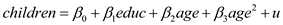     <div class=answer> (i) Estimating the model   using OLS, the result is:   The coefficient of   is -0.090575 indicating that an additional one year of education , holding the age fixed would reduce the number of living children by 0.090575 If 100 women receive an another year of education, they are expected to 9.0575 fewer children 