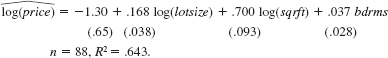 <blockquote> (i) Use the data in HPRICE1.RAW to obtain the heteroskedasticity-robust standard errors for equation. Discuss any important differences with the usual standard errors. (ii) Repeat part (i) for equation. (iii) What does this example suggest about heteroskedasticity and the transformation used for the dependent variable? </blockquote> Equation Equation