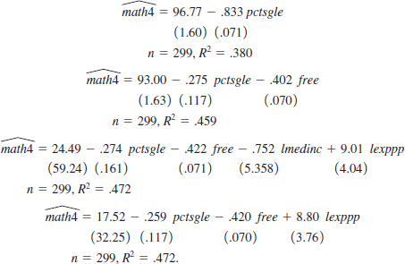 The data in MEAPSINGLE were used to estimate the following equations relating school-level performance on a fourth-grade math test to socioeconomic characteristics of students attending school. The variable <i>free</i>, measured at the school level, is the percentage of students eligible for the federal free lunch program. The variable <i>medinc</i> is median income in the ZIP code, and <i>pctsgle</i> is percent of students not living with two parents (also measured at the ZIP code level). See also Computer Exercise C11 in Chapter 3. <blockquote> (i) Interpret the coefficient on the variable <i>pctsgle</i> in the first equation. Comment on what happens when <i>free</i> is added as an explanatory variable. (ii) Does expenditure per pupil, entered in logarithmic form, have a statistically significant effect on performance? How big is the estimated effect? (iii) If you had to choose among the four equations as your best estimate of the effect of <i>pctsgle</i> and obtain a 95% confidence interval of <i>?</i><i><sub>pctsgle</sub></i>, which would you choose? Why? </blockquote>