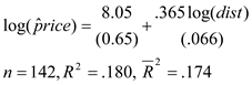    <div class=answer> i. The causal (or ceteris paribus) effect of <i>dist </i>on <i>price </i>means that ß<sub>1</sub> = 0: all other relevant factors equal, it is better to have a home farther away from the incinerator. The estimated equation is   which means a 1% increase in distance from the incinerator is associated with a predicted price that is about .37% higher. 
