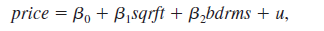  Refer to Computer Exercise C2 in Chapter 3. Now, use the log of the housing price as the dependent variable:   (i) You are interested in estimating and obtaining a confidence interval for the percentage change in <i>price </i>when a 150-square-foot bedroom is added to a house. In decimal form, this is <i>   </i> Use the data in HPRICE1.RAW to estimate <i>   </i> (ii) Write <i>   </i> in terms of <i>   </i>and <i>   </i>and plug this into the log(<i>price</i>) equation. (iii) Use part (ii) to obtain a standard error for <i>   </i> and use this standard error to construct a 95% confidence interval. Reference: Exercise C2: Use the data in HPRICE1.RAW to estimate the model <i>   </i> where <i>price </i>is the house price measured in thousands of dollars. (i) Write out the results in equation form. (ii) What is the estimated increase in price for a house with one more bedroom, holding square footage constant? (iii) What is the estimated increase in price for a house with an additional bedroom that is 140 square feet in size? Compare this to your answer in part (ii). (iv) What percentage of the variation in price is explained by square footage and number of bedrooms? (v) The first house in the sample has <i>sqrft </i>= 2,438 and <i>bdrms </i>= 4. Find the predicted selling price for this house from the OLS regression line. (vi) The actual selling price of the first house in the sample was $300,000 (so <i>price </i>= 300). Find the residual for this house. Does it suggest that the buyer underpaid or overpaid for the house? 