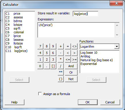     <div class=answer> (i) First, make column of “log (price)” by going to Calc > Calculator . In the appeared dialog box, enter values as shown below:   