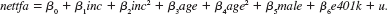 In this exercise, you are to compare OLS and LAD estimates of the effects of 401(k) plan eligibility on net financial assets. The model is <blockquote> (i) Use the data in 401KSUBS.RAW to estimate the equation by OLS and report the results in the usual form. Interpret the coefficient on e401k. (ii) Use the OLS residuals to test for heteroskedasticity using the Breusch-Pagan test. Is u independent of the explanatory variables? (iii) Estimate the equation by LAD and report the results in the same form as for OLS. Interpret the LAD estimate of ?<span class=sub>6</span>. (iv) Reconcile your findings from parts (i) and (iii). </blockquote>