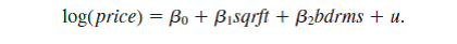  Refer to Computer Exercise C2 in Chapter 3. Now, use the log of the housing price as the dependent variable:   (i) You are interested in estimating and obtaining a confidence interval for the percentage change in <i>price </i>when a 150-square-foot bedroom is added to a house. In decimal form, this is <i>   </i> Use the data in HPRICE1.RAW to estimate <i>   </i> (ii) Write <i>   </i> in terms of <i>   </i>and <i>   </i>and plug this into the log(<i>price</i>) equation. (iii) Use part (ii) to obtain a standard error for <i>   </i> and use this standard error to construct a 95% confidence interval. Reference: Exercise C2: Use the data in HPRICE1.RAW to estimate the model <i>   </i> where <i>price </i>is the house price measured in thousands of dollars. (i) Write out the results in equation form. (ii) What is the estimated increase in price for a house with one more bedroom, holding square footage constant? (iii) What is the estimated increase in price for a house with an additional bedroom that is 140 square feet in size? Compare this to your answer in part (ii). (iv) What percentage of the variation in price is explained by square footage and number of bedrooms? (v) The first house in the sample has <i>sqrft </i>= 2,438 and <i>bdrms </i>= 4. Find the predicted selling price for this house from the OLS regression line. (vi) The actual selling price of the first house in the sample was $300,000 (so <i>price </i>= 300). Find the residual for this house. Does it suggest that the buyer underpaid or overpaid for the house? 
