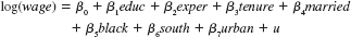  Use the data in WAGE2.RAW for this exercise. <blockquote> (i) Estimate the model   and report the results in the usual form. Holding other factors fixed, what is the approximate difference in monthly salary between blacks and nonblacks? Is this difference statistically significant? (ii) Add the variables exper<span class=sup>2</span> and tenure<span class=sup>2</span> to the equation and show that they are jointly insignificant at even the 20% level. (iii) Extend the original model to allow the return to education to depend on race and test whether the return to education does depend on race. (iv) Again, start with the original model, but now allow wages to differ across four groups of people: married and black, married and nonblack, single and black, and single and nonblack. What is the estimated wage differential between married blacks and married nonblacks? </blockquote>   