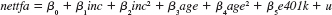 Use the data in 401KSUBS.RAW for this exercise. <blockquote> (i) Compute the average, standard deviation, minimum, and maximum values of nettfa in the sample. (ii) Test the hypothesis that average nettfa does not differ by 401(k) eligibility status; use a two-sided alternative. What is the dollar amount of the estimated difference? (iii) From part (ii) of Computer Exercise, it is clear that e401k is not exogenous in a simple regression model; at a minimum, it changes by income and age. Estimate a multiple linear regression model for nettfa that includes income, age, and e401k as explanatory variables. The income and age variables should appear as quadratics. Now, what is the estimated dollar effect of 401(k) eligibility? (iv) To the model estimated in part (iii), add the interactions e401k • (age _ 41) and e401k • (age _ 41)<span class=sup>2</span>. Note that the average age in the sample is about 41, so that in the new model, the coefficient on e401k is the estimated effect of 401(k) eligibilityat the average age. Which interaction term is significant? (v) Comparing the estimates from parts (iii) and (iv), do the estimated effects of 401(k) eligibility at age 41 differ much? Explain. (vi) Now, drop the interaction terms from the model, but define five family size dummy variables: fsize1, fsize2, fsize3, fsize4, and fsize5. The variable fsize5 is unity for families with five or more members. Include the family size dummies in the model estimated from part (iii); be sure to choose a base group. Are the family dummies significant at the 1% level? (vii) Now, do a Chow test for the model across the five family size categories, allowing for intercept differences. The restricted sum of squared residuals, SSR<span class=sub>r</span>, is obtained from part (vi) because that regression assumes all slopes are the same. The unrestricted sum of squared residuals is SSR<span class=sub>ur</span> = SSR<span class=sub>1</span> = SSR<span class=sub>2</span> = ... = SSR<span class=sub>5</span>, where SSR<span class=sub>f</span> is the sum of squared residuals for the equation estimated using only family size f. You should convince yourself that there are 30 parameters in the unrestricted model (5 intercepts plus 25 slopes) and 10 parameters in the restricted model (5 intercepts plus 5 slopes). Therefore, the number of restrictions being tested is q = 20, and the df for the unrestricted model is 9,275 _ 30 = 9,245. </blockquote> Exercise There has been much interest in whether the presence of 401(k) pension plans, available to many U.S. workers, increases net savings. The data set 401KSUBS.RAW contains information on net financial assets (nettfa), family income (inc), a binary variable for eligibility in a 401(k) plan (e401k), and several other variables. <blockquote> (i) What fraction of the families in the sample are eligible for participation in a 401(k) plan? (ii) Estimate a linear probability model explaining 401(k) eligibility in terms of income, age, and gender. Include income and age in quadratic form, and report the results in the usual form. (iii) Would you say that 401(k) eligibility is independent of income and age? What about gender? Explain. (iv) Obtain the fitted values from the linear probability model estimated in part (ii). Are any fitted values negative or greater than one? (v) Using the fitted values from part (iv), define and Out of 9,275 families, how many are predicted to be eligible for a 401(k) plan? (vi) For the 5,638 families not eligible for a 401(k), what percentage of these are predicted not to have a 401(k), using the predictor ? For the 3,637 families eligible for a 401(k) plan, what percentage are predicted to have one? (It is helpful if your econometrics package has a “tabulate” command.) (vii) The overall percent correctly predicted is about 64.9%. Do you think this is a complete description of how well the model does, given your answers in part (vi)? (viii) Add the variable pira as an explanatory variable to the linear probability model. Other things equal, if a family has someone with an individual retirement account, how much higher is the estimated probability that the family is eligible for a 401(k) plan? Is it statistically different from zero at the 10% level? </blockquote>