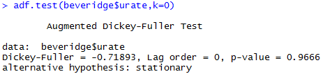     <div class=answer> (i) The R command to read the data and run the Dickey-Fuller test for unit root is as shown below:     Since, the p-value is greater than the level of significance if considered   , therefore statistical significance does not exist and hence conclude that <i>urate </i>is not stationary. 