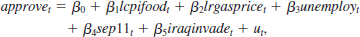 Use the data in APPROVAL to answer the following questions. See also Computer Exercise C14 in Chapter 10. <blockquote> (i) Compute the first order autocorrelations for the variables <i>approve</i> and <i>lrgasprice</i>. Do they seem close enough to unity to worry about unit roots? (ii) Consider the model where the first two variables are in logarithmic form. Given what you found in part (i), why might you hesitate to estimate this model by OLS? (iii) Estimate the equation in part (ii) by differencing all variables (including the dummy variables). How do you interpret your estimate of <i>?</i><sub>2</sub>? Is it statistically significant? (Report the <i>p</i>-value.) (iv) Interpret your estimate of <i>?</i><sub>4</sub> and discuss its statistical significance. (v) Add <i>lsp</i>500 to the model in part (ii) and estimate the equation by first differencing. Discuss what you find for the stock market variable. </blockquote>