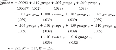        <blockquote> (i) Using the data in WAGEPRC.RAW, estimate the distributed lag model from Problem. Use regression (12.14) to test for AR(1) serial correlation. (ii) Reestimate the model using iterated Cochrane-Orcutt estimation. What is your new estimate of the long-run propensity? (iii) Using iterated CO, find the standard error for the LRP. (This requires you to estimate a modified equation.) Determine whether the estimated LRP is statistically different from one at the 5% level. </blockquote> Problem For the U.S. economy, let gprice denote the monthly growth in the overall price level and let gwage be the monthly growth in hourly wages. [These are both obtained as differences of logarithms: gprice = ?log(price) and gwage = ?log(wage).] Using the monthly data in WAGEPRC.RAW, we estimate the following distributed lag model:   <blockquote> (i) Sketch the estimated lag distribution. At what lag is the effect of gwage on gprice largest? Which lag has the smallest coefficient? (ii) For which lags are the tstatistics less than two? (iii) What is the estimated long-run propensity? Is it much different than one? Explain what the LRP tells us in this example. (iv) What regression would you run to obtain the standard error of the LRP directly? (v) How would you test the joint significance of six more lags of gwage? What would be the dfs in the F distribution? (Be careful here; you lose six more observations.) </blockquote>   