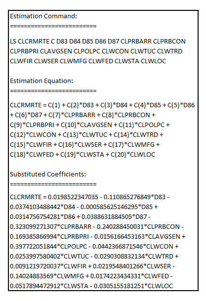     <div class=answer> (i) There are nine wage variables   On taking the log of these wage variables and incorporating other explanatory variables such as   and estimating the first-differenced equation with   as the dependent variable with inclusion of the dummy variables   , the result is:     On comparing the coefficients of the criminal justice variables in the first-differenced equation with nine wage variables vis-à-vis the first-differenced equation without the nine wage variables, the result is: 