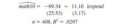  The following analysis was obtained using data in MEAP93.RAW, which contains schoollevel pass rates (as a percent) on a 10th grade math test. (i) The variable <i>expend </i>is expenditures per student, in dollars, and <i>math</i>10 is the pass rate on the exam. The following simple regression relates <i>math</i>10 to <i>lexpend </i><i>5 </i>log(<i>expend</i>): <i>   </i> Interpret the coefficient on <i>lexpend</i>. In particular, if <i>expend </i>increases by 10%, what is the estimated percentage point change in <i>math</i>10? What do you make of the large negative intercept estimate? (The minimum value of <i>lexpend </i>is 8.11 and its average value is 8.37.) (ii) Does the small <i>R</i>-squared in part (i) imply that spending is correlated with other factors affecting <i>math</i>10? Explain. Would you expect the <i>R</i>-squared to be much higher if expenditures were randomly assigned to schools—that is, independent of other school and student characteristics-rather than having the school districts determine spending? (iii) When log of enrollment and the percent of students eligible for the federal free lunch program are included, the estimated equation becomes <i>   </i>Comment on what happens to the coefficient on <i>lexpend</i>. Is the spending coefficient still statistically different from zero? (iv) What do you make of the <i>R</i>-squared in part (iii)? What are some other factors that could be used to explain <i>math</i>10 (at the school level)? 