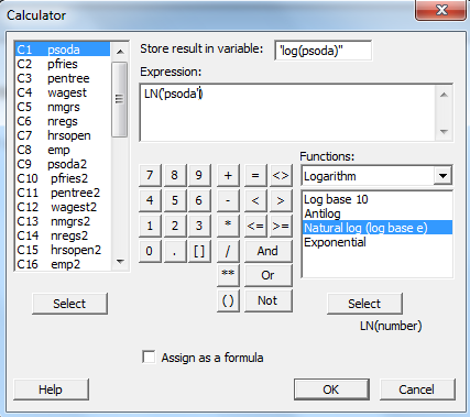     <div class=answer> (i) First, make column of “log (psoda)” by going to Calc > Calculator . In the appeared dialog box, enter values as shown below:   Click Ok to obtain variable “log (psoda)”. 