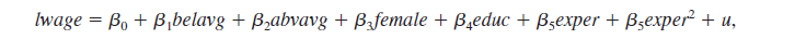  Use the data in BEAUTY.RAW for this question. (i) Using the data pooled for men and women, estimate the equation   and report the results using heteroskedasticity-robust standard errors below coefficients. Are any of the coefficients surprising in either their signs or magnitudes? Is the coefficient on <i>female </i>practically large and statistically significant? (ii) Add interactions of <i>female </i>with all other explanatory variables in the equation from part (i) (five interactions in all). Compute the usual <i>F </i>test of joint significance of the five interactions and a heteroskedasticity-robust version. Does using the heteroskedasticity-robust version change the outcome in any important way? (iii) In the full model with interactions, determine whether those involving the looks variables—female • <i>belavg </i>and <i>female </i>• <i>abvavg</i>—are jointly significant. Are their coefficients practically small? 
