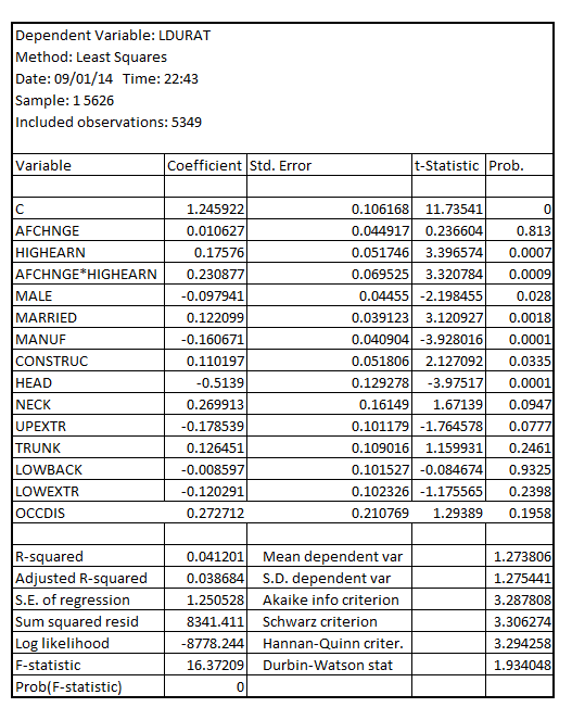     <div class=answer> (i) Using the data for Kentucky, estimating the regression model by adding   ,full set of industry   and injury type dummy variables   , the result is:     The estimate of the coefficient of   is 0.191 in the regression model   Whereas, the estimate of the coefficient of   is 0.2308 in the regression model on adding explanatory variables such as   ,full set of industry   and injury type dummy variables   The p-value corresponding to the coefficient of   0.2308 is 0.0009 which is greater than the critical p-value of 0.05 at 5% level of significance, indicating that the coefficient 0.2308 of   is statistically significant at 5% level of significance 