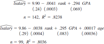  The following equations were estimated using the data in LAWSCH85:   How can it be that the R-squared is smaller when the variable <i>age</i> is added to the equation? 