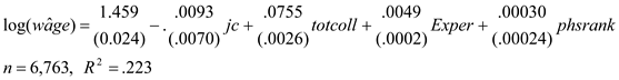     <div class=answer> When <i>phsrank </i>is added to (4.26), we get the following:   So <i>phsrank </i>has a <i>t </i>statistic equal to only 1.25; it is not statistically significant. If we increase <i>phsrank</i> by 10, log(<i>wage</i>) is predicted to increase by (.0003)10 = .003. This implies a 0.3% increase in <i>wage</i>, which seems a modest increase given a 10 percentage point increase in <i>phsrank</i>. (However, the sample standard deviation of <i>phsrank </i>is about 24.) 