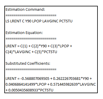     <div class=answer> (i) Estimating the unobserved effects model by pooled OLS is given by:       The standard form of the regression model is given by:   The coefficient of   is 0.2622 with the p-value 0.0000 which is less than the critical p-value of 0.05 at 5% level of significance indicating that the explanatory variable   is statistically significant at 5% level of significance. The estimate of the coefficient of   at 0.2622 indicates that the rent has recorded the growth of 26.22% over 10 year period from 1980 to 1990, other factors remaining constant The coefficient of   is 0.00504 with the p-value 0.0000 which is less than the critical p-value of 0.05 at 5% level of significance indicating that the explanatory variable   is statistically significant at 5% level of significance. The estimate of the coefficient of   at 0.00504 indicates that 1% point increase in   result in 0.5% point increase in the rent, other factors remaining constant 