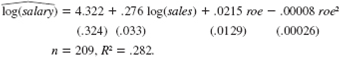  The following equation was estimated using the data in CEOSAL1.RAW:   This equation allows roe to have a diminishing effect on log(salary). Is this generality necessary? Explain why or why not. 