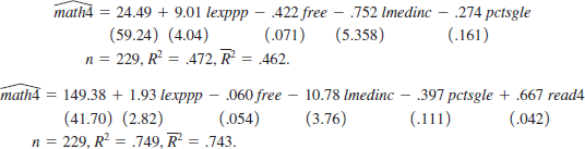  The following two equations were estimated using the data in MEAPSINGLE. The key explanatory variable is <i>lexppp</i>, the log of expenditures per student at the school level.   <blockquote> (i) If you are a policy maker trying to estimate the causal effect of per-student spending on math test performance, explain why the first equation is more relevant than the second. What is the estimated effect of a 10% increase in expenditures per student? (ii) Does adding <i>read</i>4 to the regression have strange effects on coefficients and statistical significance other than <i>?</i><i><sub>lexppp</sub></i>? (iii) How would you explain to someone with only basic knowledge of regression why, in this case, you prefer the equation with the smaller adjusted <i>R</i>-squared? </blockquote>   
