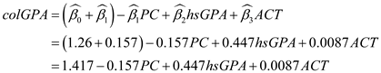 <div class=answer> i. If one use <i>noPC</i> in place of <i>PC</i>, then the equation in example 7.2 will transform into the following equation, It is given that the intercept term in original equation is 0.157 and coefficient estimate of <i>noPC</i> is 1.26, therefore, the new intercept and coefficient estimate will be the following,