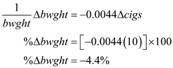     <div class=answer> i. The regression equation is in the form of log-linear, so its coefficient estimate will be measured in percentage change. The variable <i>cigs</i> is consumption of cigarettes. If <i>cigs</i> increases by 10 per day, then the effect on birth weight is calculated as follows,   Hence, the increase in cigs by 10 per day will result in 4.4% lower birth weight. 