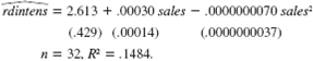 Using the data in RDCHEM.RAW, the following equation was obtained by OLS: <blockquote> (i) At what point does the marginal effect of sales on rdintens become negative? (ii) Would you keep the quadratic term in the model? Explain. (iii) Define salesbil as sales measured in billions of dollars: salesbil _ sales/1,000. Rewrite the estimated equation with salesbil and salesbil<span class=sup>2</span> as the independent variables. Be sure to report standard errors and the R-squared. (iv) For the purpose of reporting the results, which equation do you prefer? </blockquote>