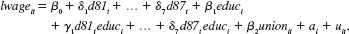  Use the data in WAGEPAN.RAW for this exercise. <blockquote> (i) Consider the unobserved effects model   where ai is allowed to be correlated with educi and unionit. Which parameters can you estimate using first differencing? (ii) Estimate the equation from part (i) by FD, and test the null hypothesis that the return to education has not changed over time. (iii) Test the hypothesis from part (ii) using a fully robust test, that is, one that allows arbitrary heteroskedasticity and serial correlation in the FD errors, Auit. Does your conclusion change? (iv) Now allow the union differential to change over time (along with education) and estimate the equation by FD. What is the estimated union differential in 1980? What about 1987? Is the difference statistically significant? (v) Test the null hypothesis that the union differential has not changed over time, and discuss your results in light of your answer to part (iv). </blockquote>   