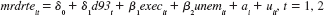  Use the data in MURDER.RAW for this exercise. <blockquote> (i) Using the years 1990 and 1993, estimate the equation   by pooled OLS and report the results in the usual form. Do not worry that the usual OLS standard errors are inappropriate because of the presence of ai. Do you estimate a deterrent effect of capital punishment? (ii) Compute the FD estimates (use only the differences from 1990 to 1993; you should have 51 observations in the FD regression). Now what do you conclude about a deterrent effect? (iii) In the FD regression from part (ii), obtain the residuals, say, e.. Run the Breusch-Pagan regression e2 on Aexec,, Aunem. and compute the F test for heteroskedas-ticity. Do the same for the special case of the White test [that is, regress e2. on y., y2, where the fitted values are from part (ii)]. What do you conclude about heteroskedasticity in the FD equation? (iv) Run the same regression from part (ii), but obtain the heteroskedasticity-robust t statistics. What happens? (v) Which t statistic on Aexeci do you feel more comfortable relying on, the usual one or the heteroskedasticity-robust one? Why? </blockquote>   