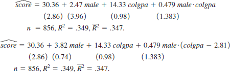  The following equations were estimated using the data in ECONMATH, with standard errors reported under coefficients. The average class score, measured as a percentage, is about 72.2; exactly 50% of the students are male; and the average of <i>colgpa</i> (grade point average at the start of the term) is about 2.81.     <blockquote> (i) Interpret the coefficient on <i>male</i> in the second equation and construct a 95% confidence interval for <i>?</i><i><sub>male</sub></i>. Does the confidence interval exclude zero? (ii) In the second equation, how come the estimate on <i>male</i> is so imprecise? Should we now conclude that there are no gender differences in <i>score</i> after controlling for <i>colgpa</i>? [<i>Hint</i>: You might want to compute an <i>F</i> statistic for the null hypothesis that there is no gender difference in the model with the interaction.] (iii) Compared with the third equation, how come the coefficient on <i>male</i> in the last equation is so much closer to that in the second equation and just as precisely estimated? </blockquote>   