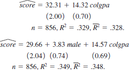  The following equations were estimated using the data in ECONMATH, with standard errors reported under coefficients. The average class score, measured as a percentage, is about 72.2; exactly 50% of the students are male; and the average of <i>colgpa</i> (grade point average at the start of the term) is about 2.81.     <blockquote> (i) Interpret the coefficient on <i>male</i> in the second equation and construct a 95% confidence interval for <i>?</i><i><sub>male</sub></i>. Does the confidence interval exclude zero? (ii) In the second equation, how come the estimate on <i>male</i> is so imprecise? Should we now conclude that there are no gender differences in <i>score</i> after controlling for <i>colgpa</i>? [<i>Hint</i>: You might want to compute an <i>F</i> statistic for the null hypothesis that there is no gender difference in the model with the interaction.] (iii) Compared with the third equation, how come the coefficient on <i>male</i> in the last equation is so much closer to that in the second equation and just as precisely estimated? </blockquote>   