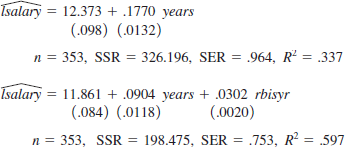 The following estimated equations use the data in MLB1, which contains information on major league baseball salaries. The dependent variable, <i>lsalary</i>, is the log of salary. The two explanatory variables are years in the major leagues (<i>years</i>) and runs batted in per year (<i>rbisyr</i>): <blockquote> (i) How many degrees of freedom are in each regression? How come the SER is smaller in the second regression than the first? (ii) The sample correlation coefficient between <i>years</i> and <i>rbisyr</i> is about 0.487. Does this make sense? What is the variance inflation factor (there is only one) for the slope coefficients in the multiple regression? Would you say there is little, moderate, or strong collinearity between <i>years</i> and <i>rbisyr</i>? (iii) How come the standard error for the coefficient on <i>years</i> in the multiple regression is lower than its counterpart in the simple regression? </blockquote>